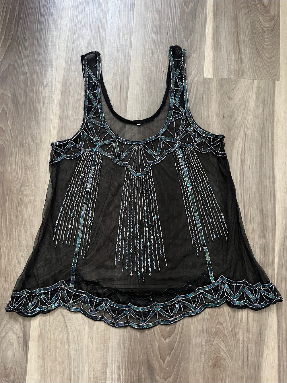 Vintage Black Beaded Sleeveless Mesh Tank Top - Black